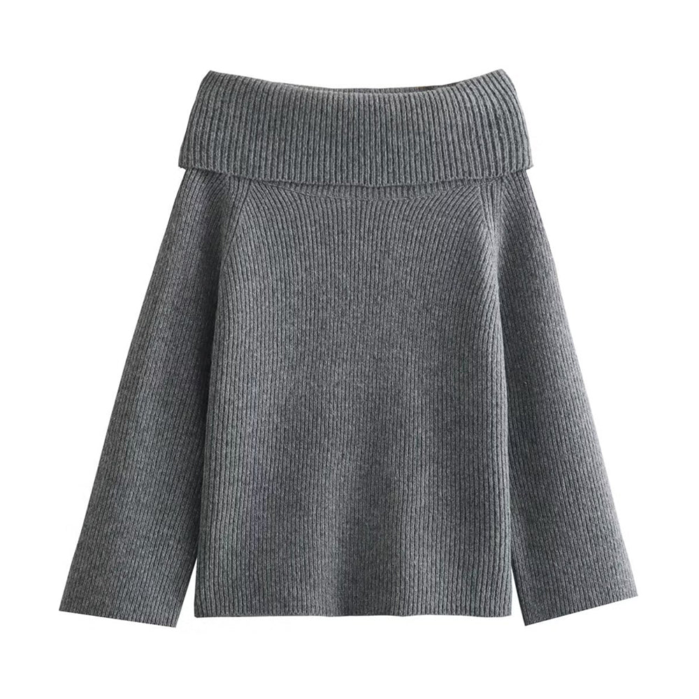 V For City Women's Autumn Winter Off-Shoulder Slim-Fit Solid Color Pullover Sweater