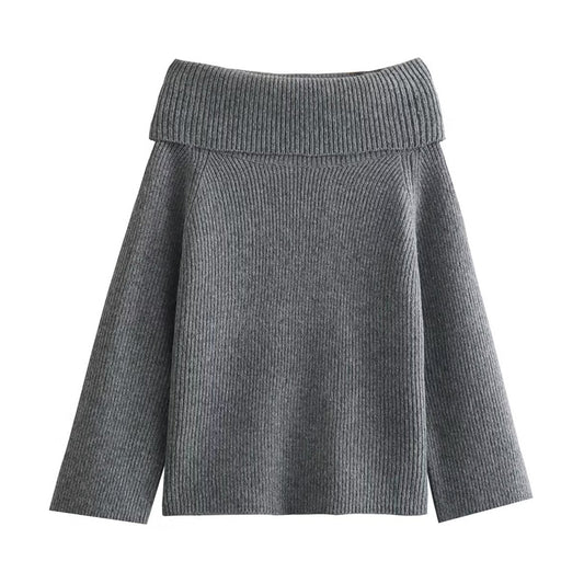 V For City Women's Autumn Winter Off-Shoulder Slim-Fit Solid Color Pullover Sweater