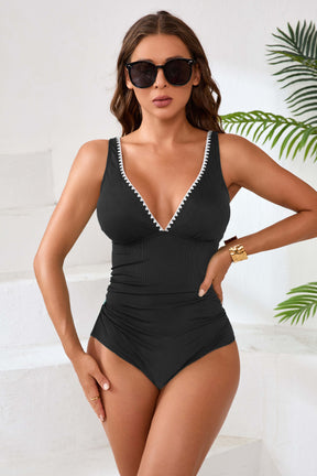 Ribbed Shell Stitched V Neck Bathing Suits-11153