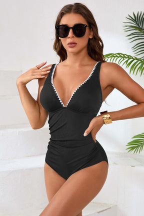 Ribbed Shell Stitched V Neck Bathing Suits-11153