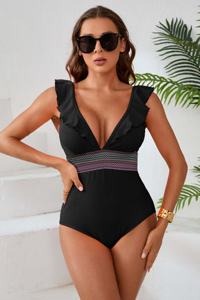 Textured Ruffle V Neck Backless Bathing Suit-11174