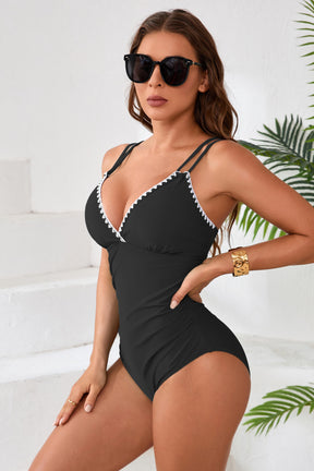 White Bordered V Neck Ruch One Piece Swimsuits-10046