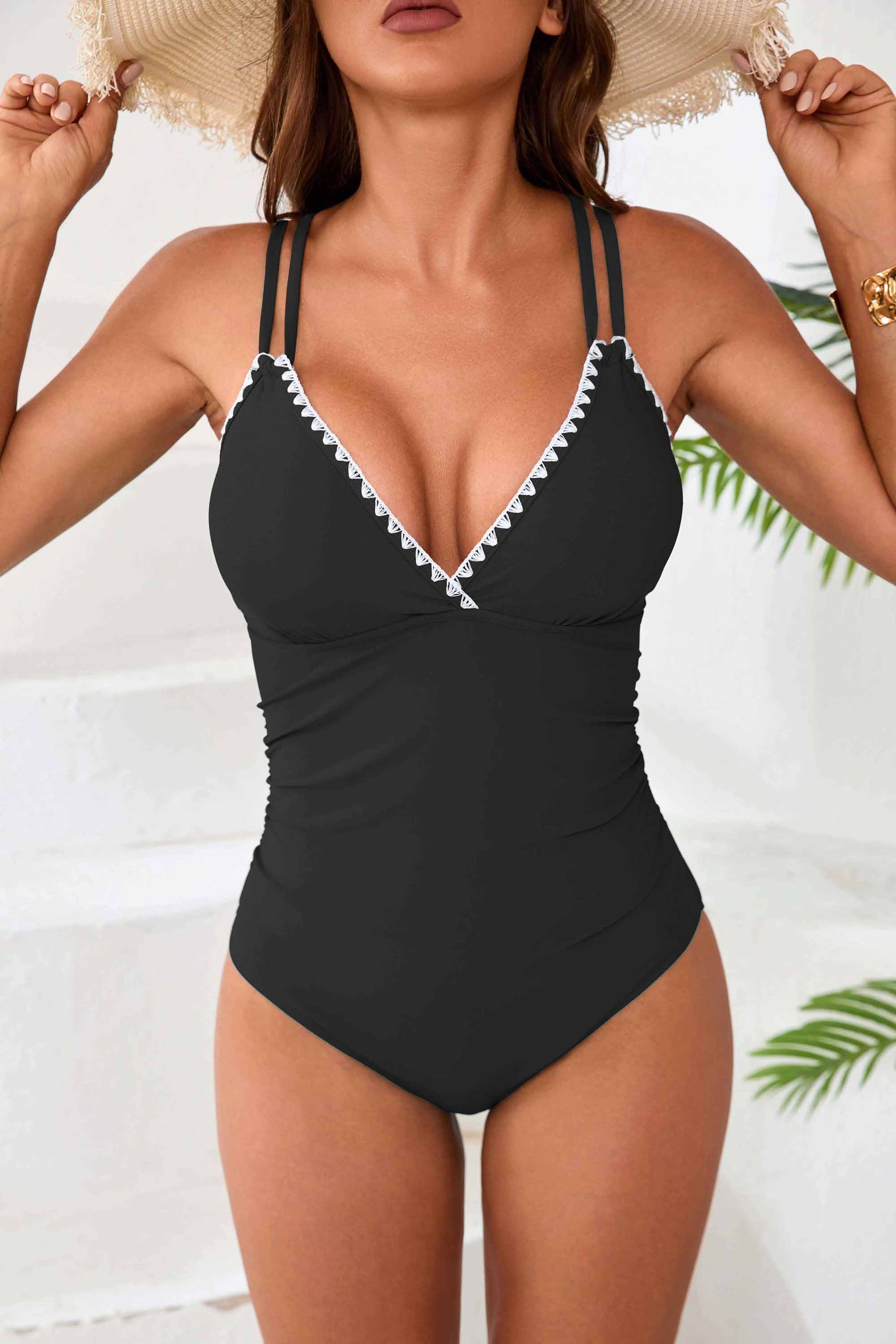 White Bordered V Neck Ruch One Piece Swimsuits-10046