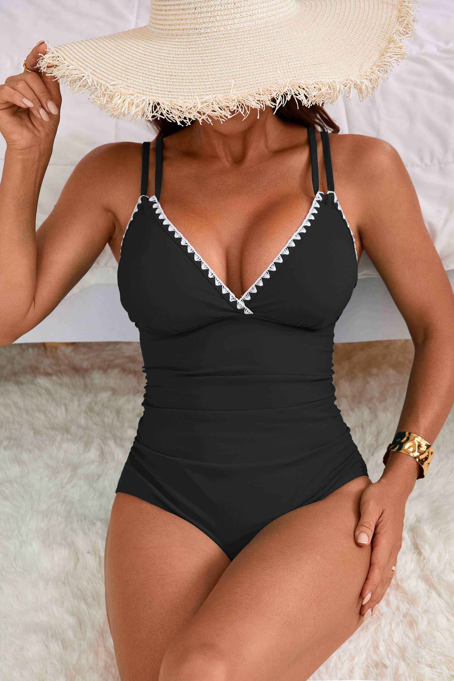 White Bordered V Neck Ruch One Piece Swimsuits-10046