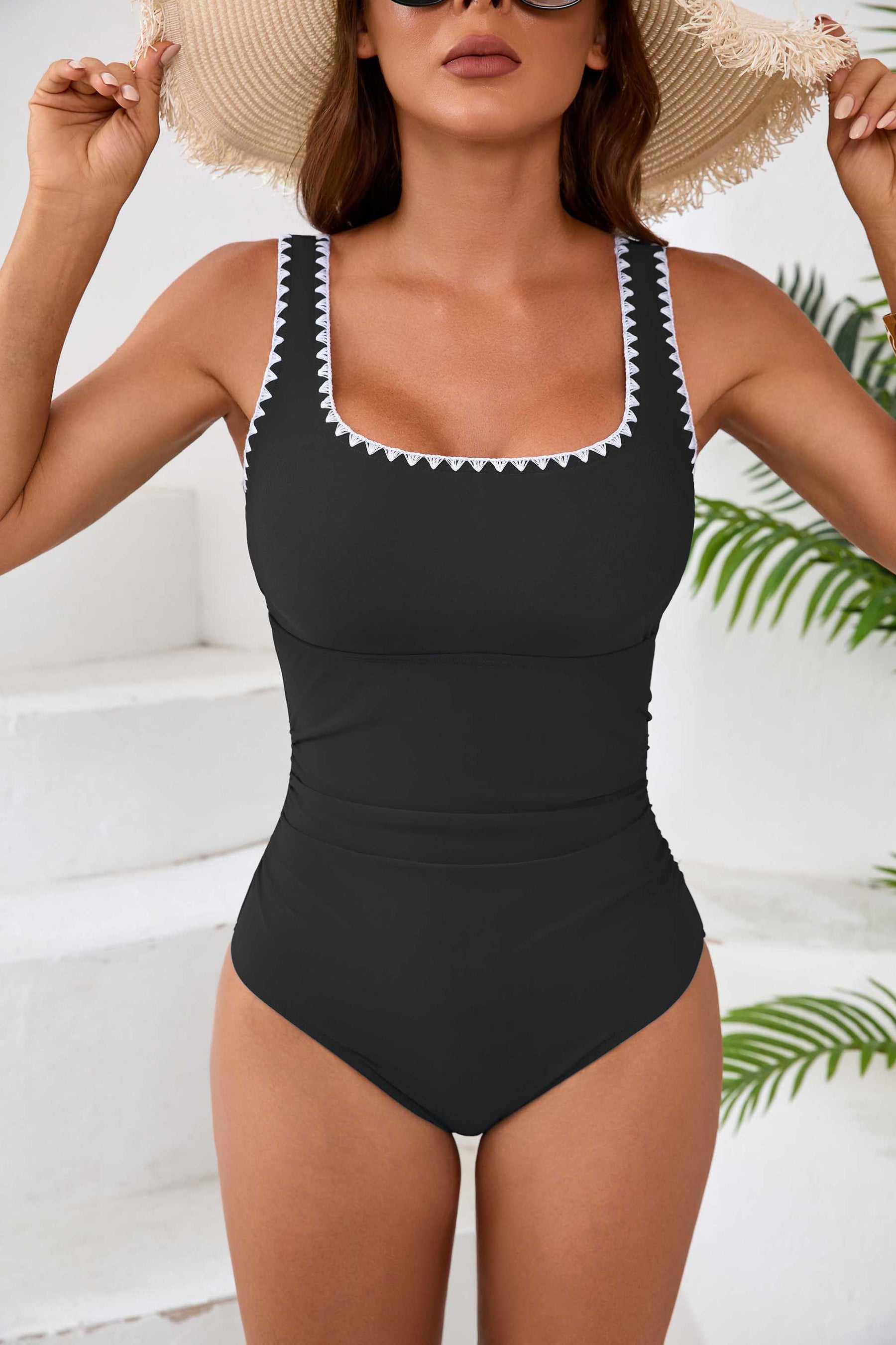 Bordered Trim Cutout One Piece Swimsuits-11143