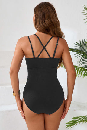 Ruched O-Ring Cutout V Neck Monokini Bathing Suit -11199