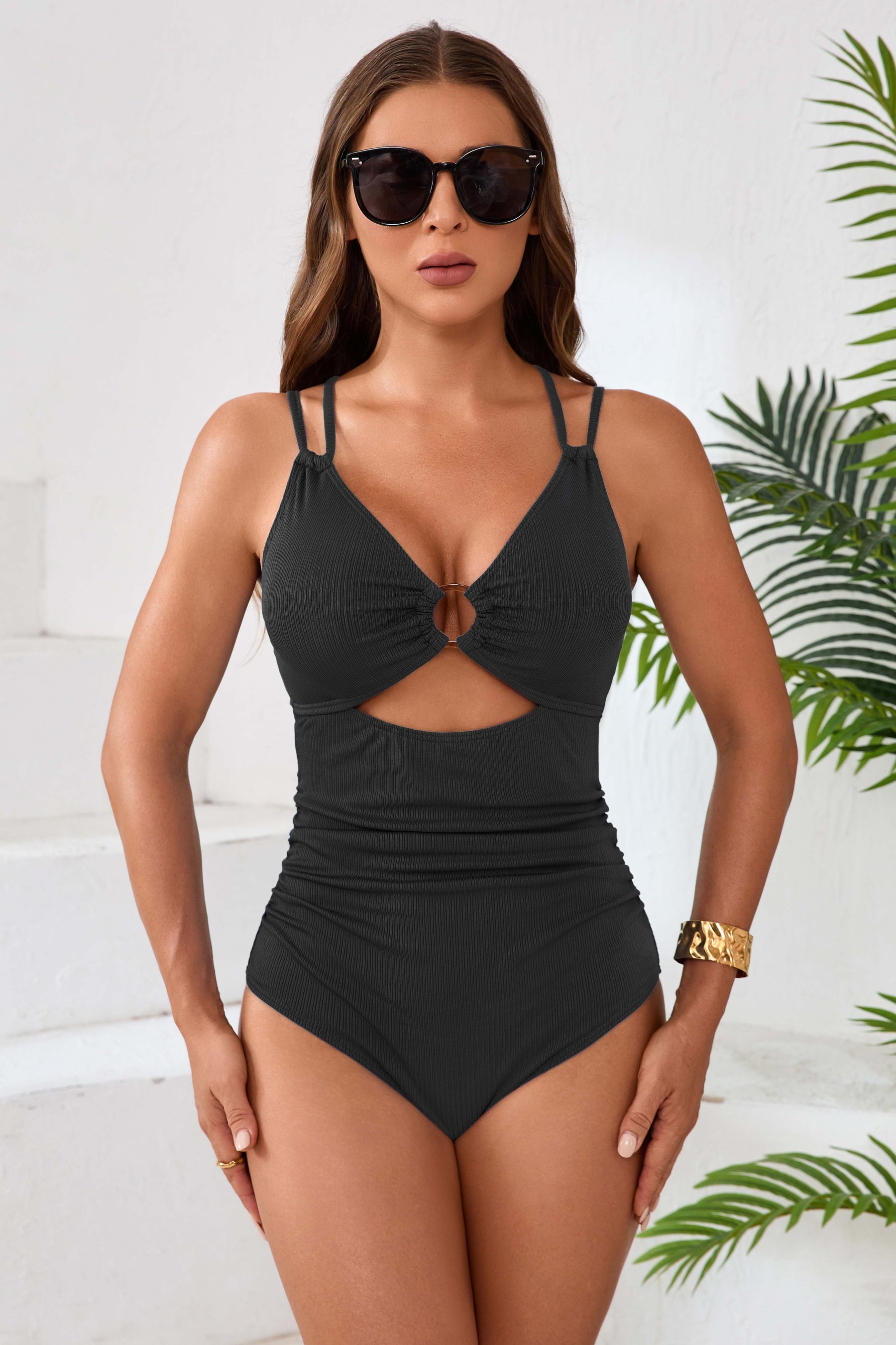 Ruched O-Ring Cutout V Neck Monokini Bathing Suit -11199