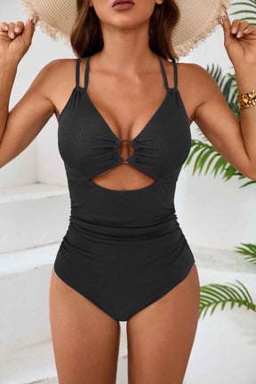 Ruched O-Ring Cutout V Neck Monokini Bathing Suit -11199