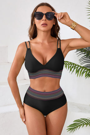 High Waisted Color Block Trim High Cut Bikini Set-71093