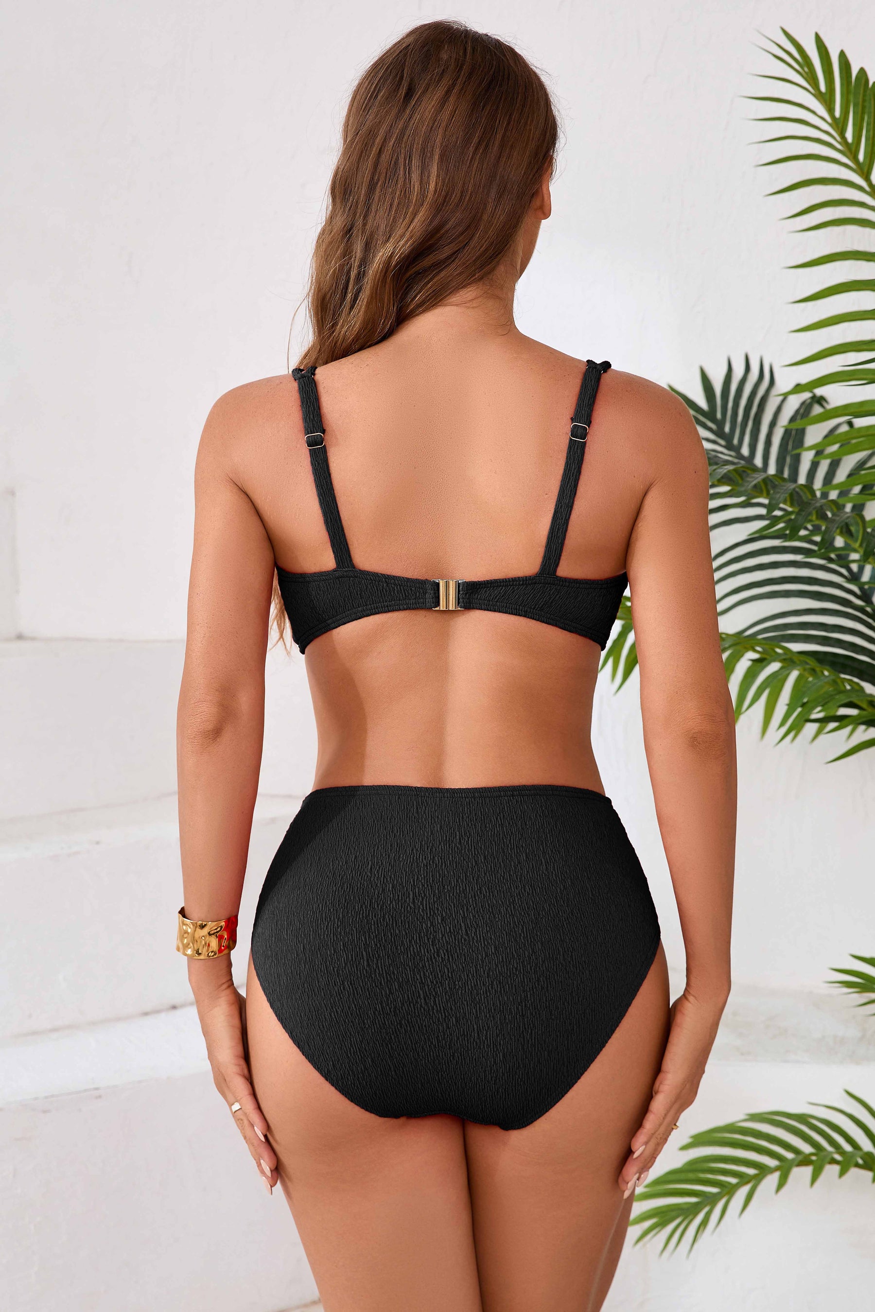 Textured V Neck High Waisted Bikini Sets-71054