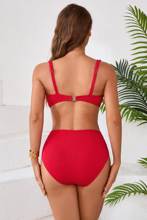 Textured V Neck High Waisted Bikini Sets-71054