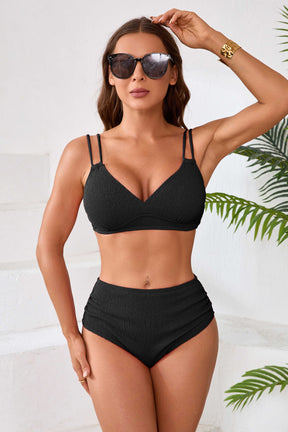 Textured V Neck High Waisted Bikini Sets-71054