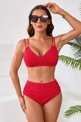 Textured V Neck High Waisted Bikini Sets-71054