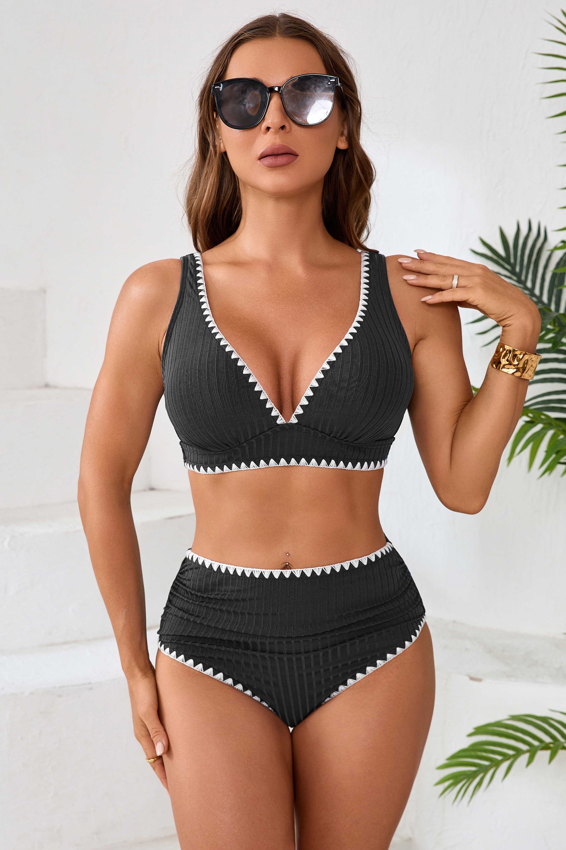 Ribbed Ruch High Waist Whip Stitched Bikini Set-71073