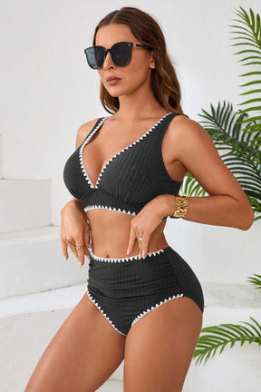 Ribbed Ruch High Waist Whip Stitched Bikini Set-71073