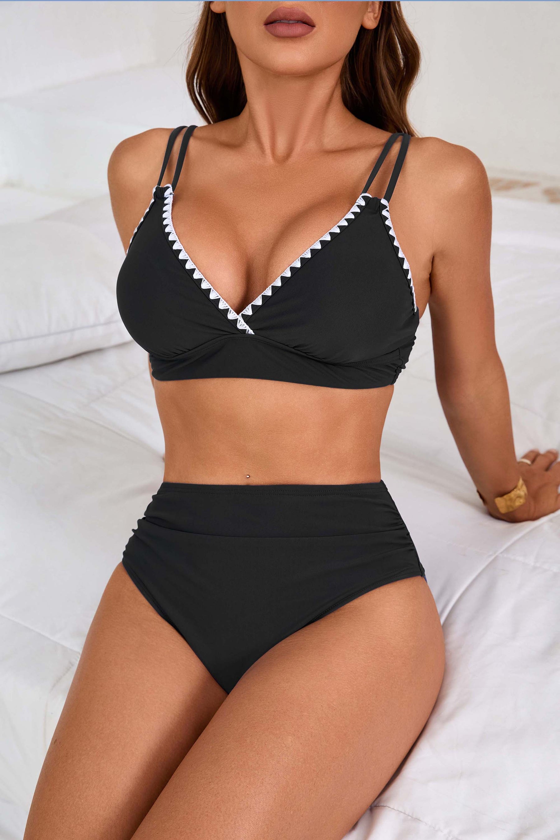 Shell Stitched V Neck High Waisted Bikini Sets-70034