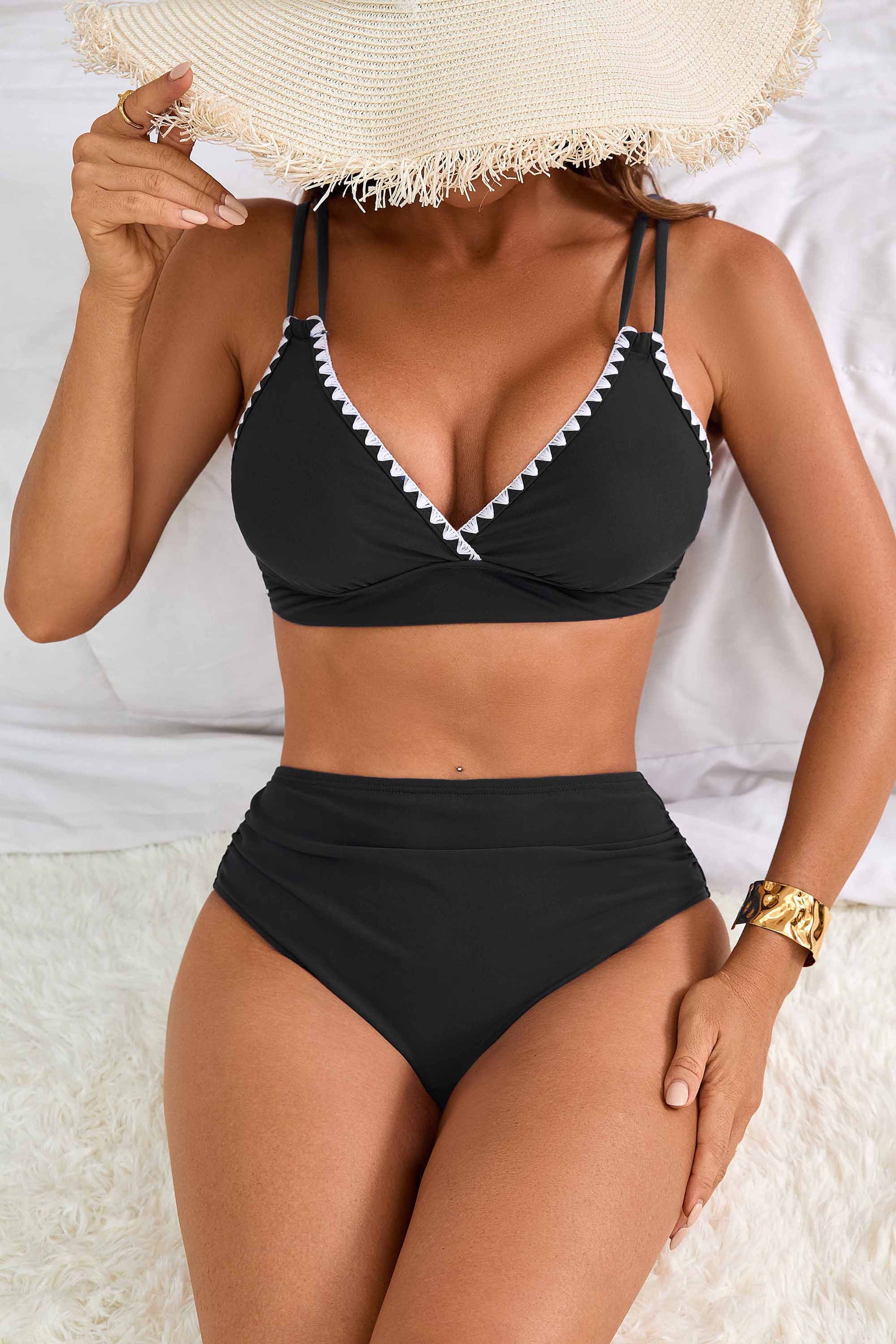 Shell Stitched V Neck High Waisted Bikini Sets-70034