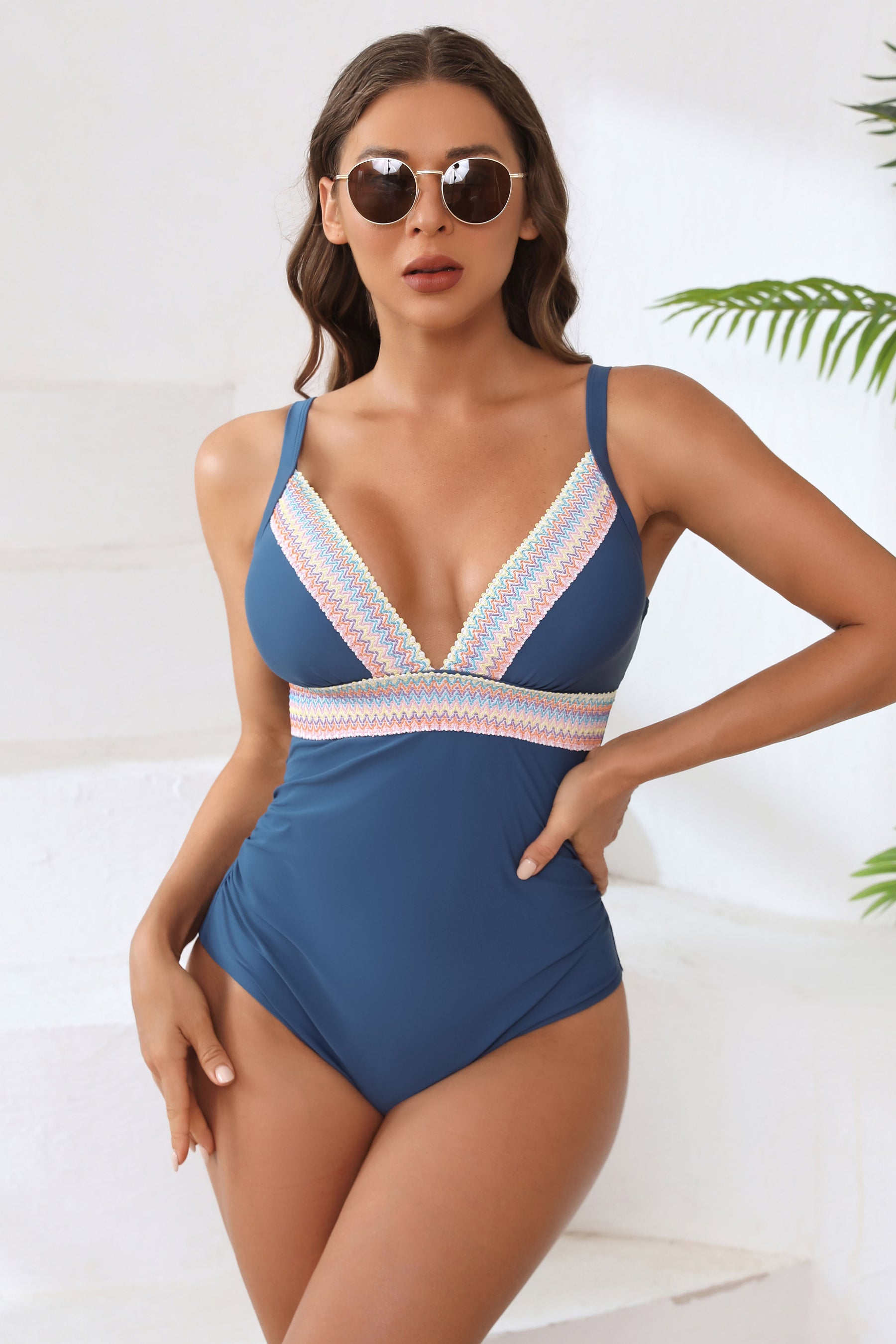 Crochet Trim Color Block V Neck One Piece Swimsuit-11195