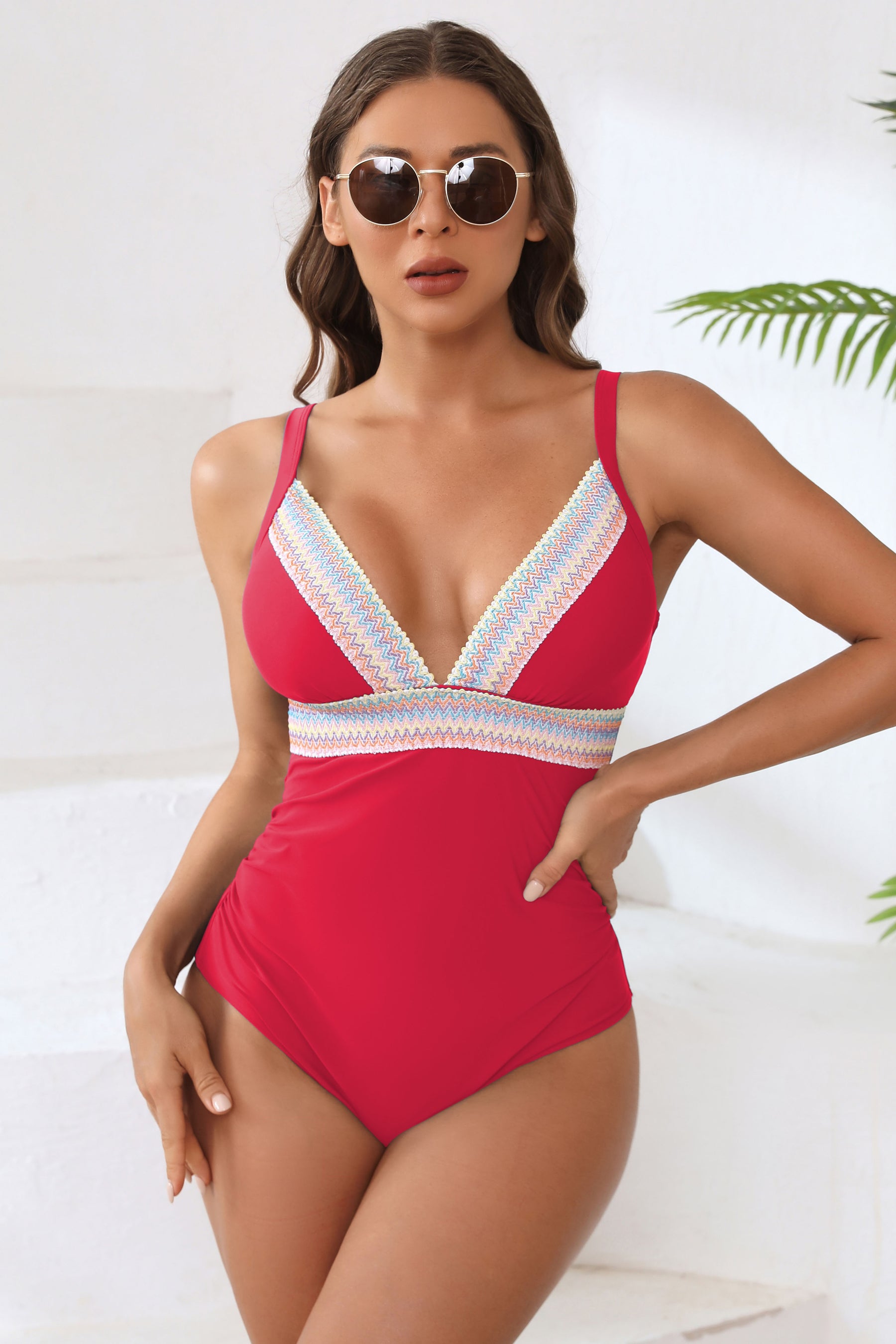 Crochet Trim Color Block V Neck One Piece Swimsuit-11195