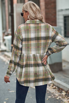 Lapel Long Sleeve Pocket Casual Plaid Shirt-AL9574