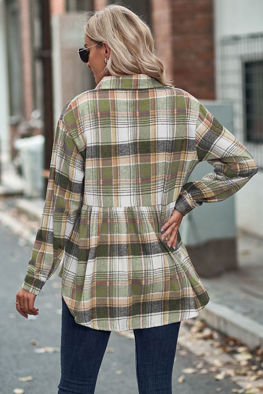 Lapel Long Sleeve Pocket Casual Plaid Shirt-AL9574