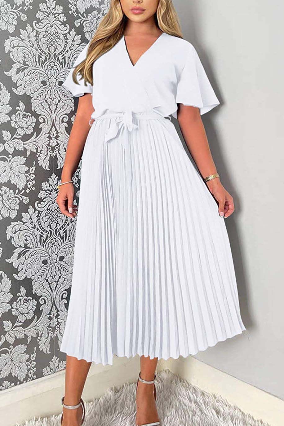 V-Neck Solid Belted Pleated Skirt A Midi Dress-AL9380