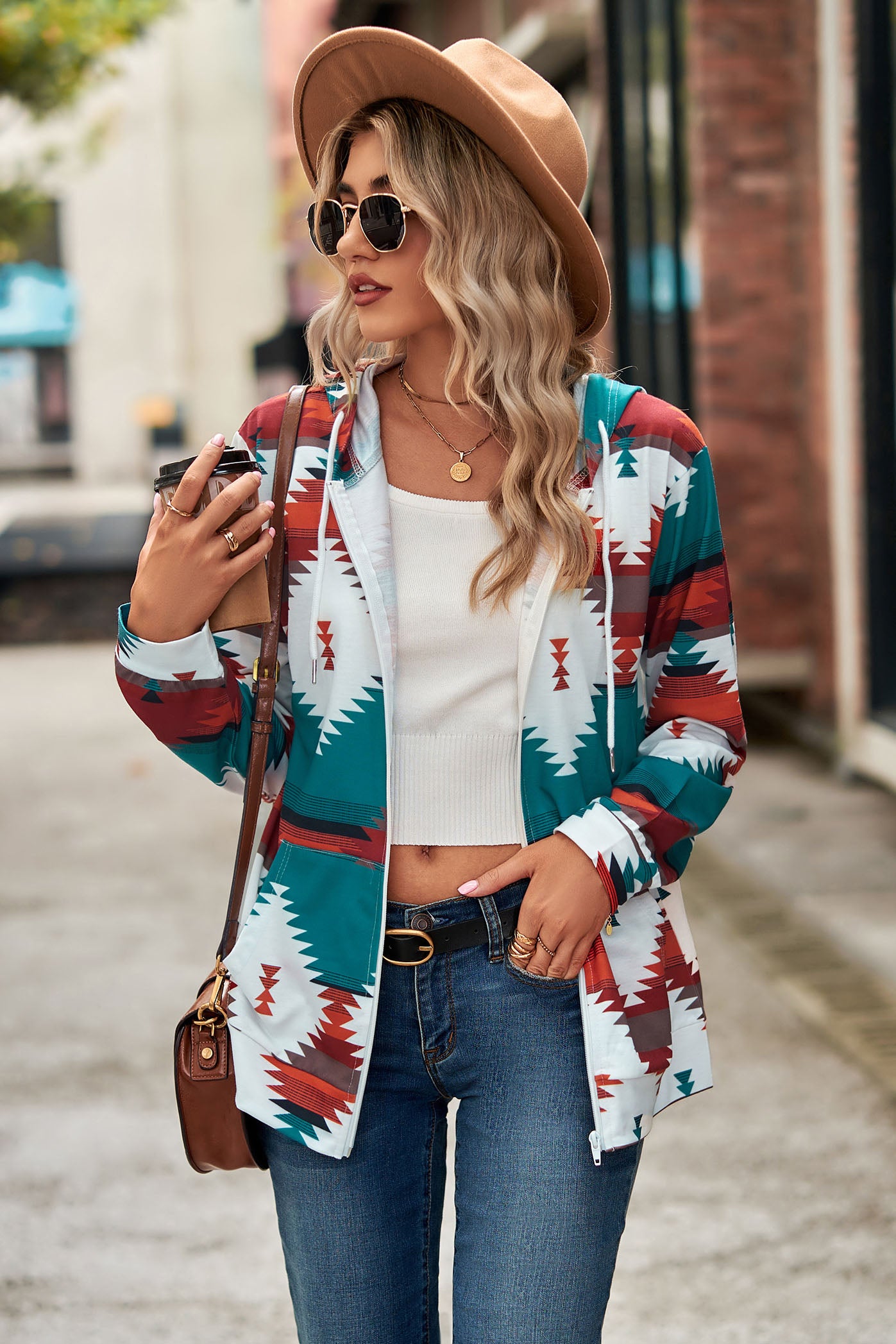 Sweatshirt Hoodie Geometric Print Pullover Top-AL9556