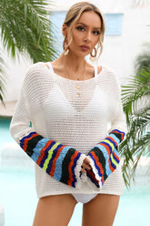 Openwork Colorblock Sleeve Beach Cover-Up-AL9438