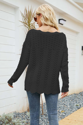 Cut Out Bateau Neck Long Sleeves Pullovers Sweater-AL9409