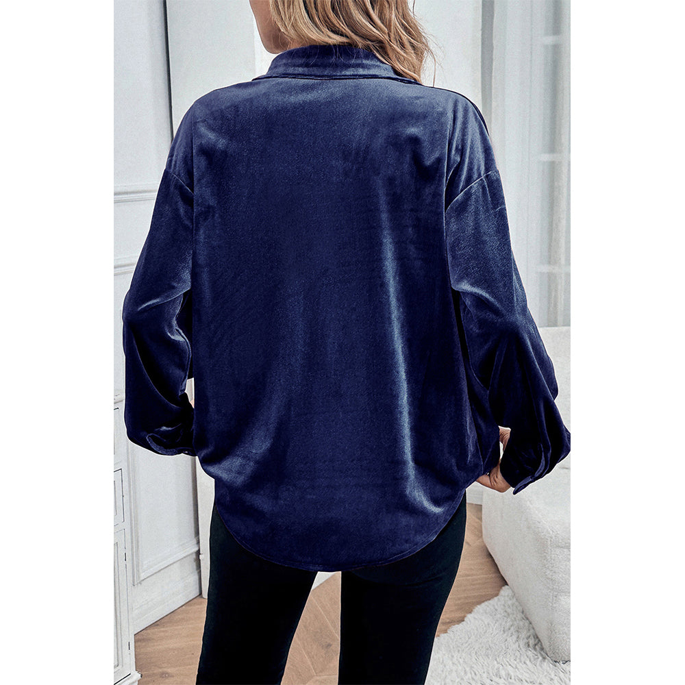 V For City Women's Velvet Collared Lantern Sleeve Button Down Shirts