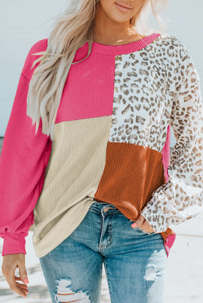 Leopard Color Block Ribbed Sweatshirt Top-AL9400