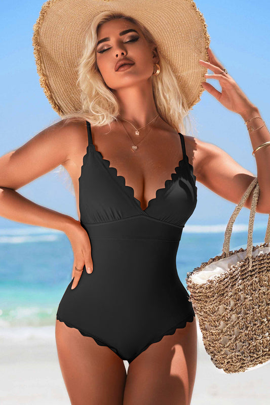 Ruched Tummy Control Scalloped One Piece Swimsuit-1336