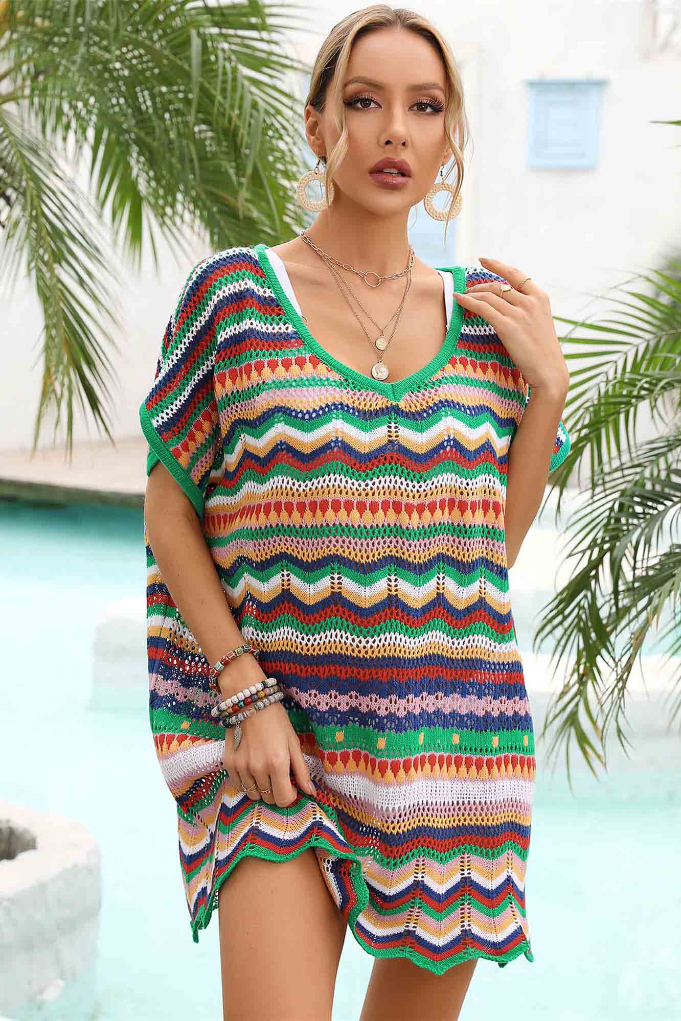 V Neck Wave-Hem Colorblock Crochet Cover-Up-AL9451