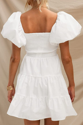 Square Neck Short Puff Sleeve Tiered Mini Dress-AL9392