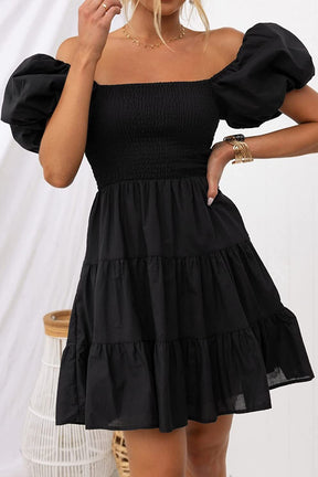 Square Neck Short Puff Sleeve Tiered Mini Dress-AL9392