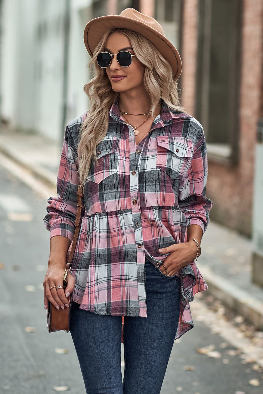 Lapel Long Sleeve Pocket Casual Plaid Shirt-AL9574