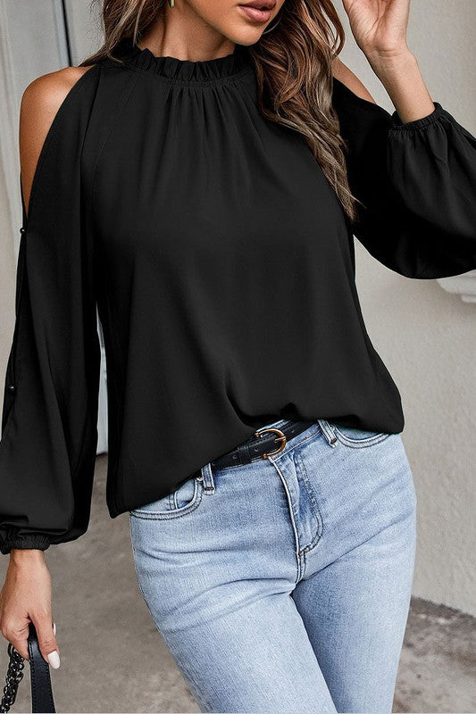 Ruffled Round Neck Long Sleeve Cold Shoulder Top