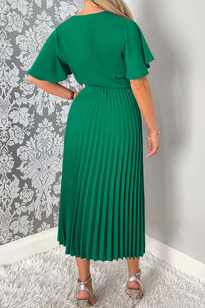 V-Neck Solid Belted Pleated Skirt A Midi Dress-AL9380