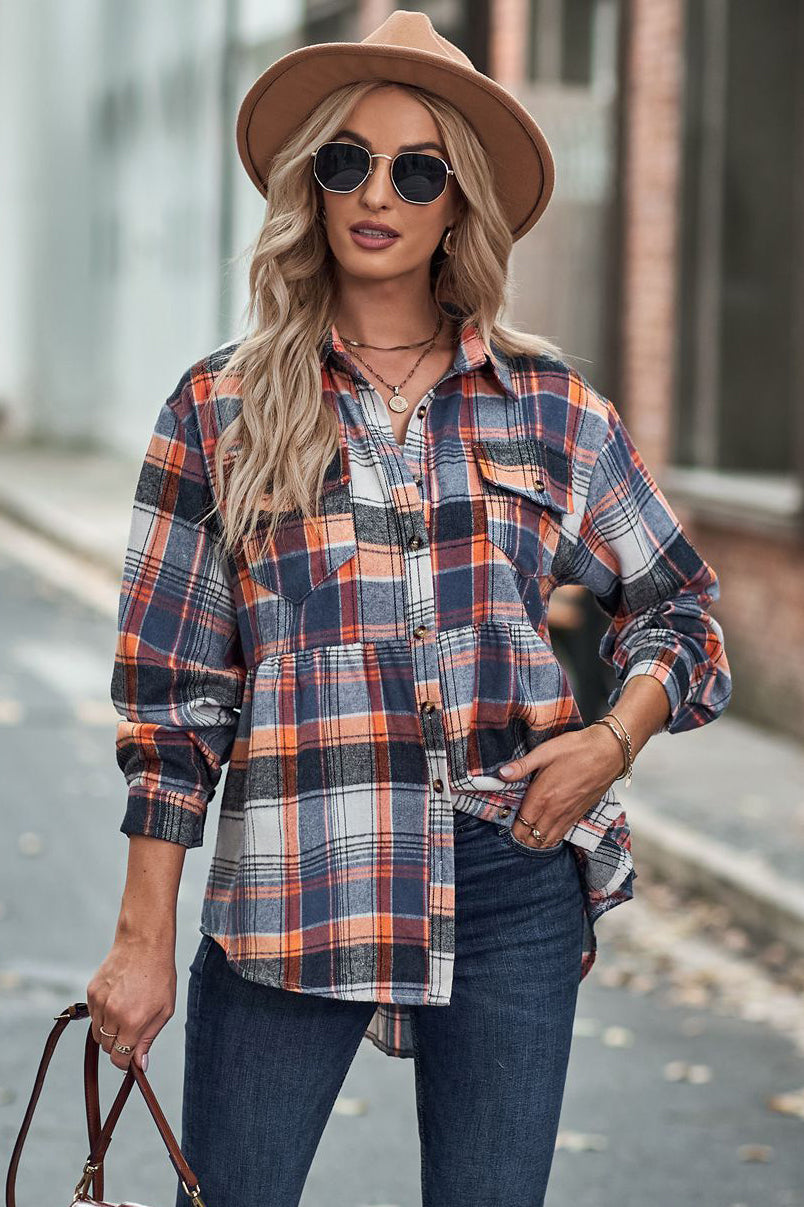 Lapel Long Sleeve Pocket Casual Plaid Shirt-AL9574