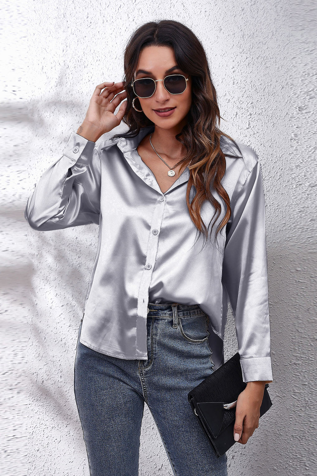 Solid Silk Button Blouse Tops Satin Shirt -AL9448