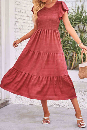 Flutter Short Sleeve Crew Neck Tiered Midi Dress-AL9395