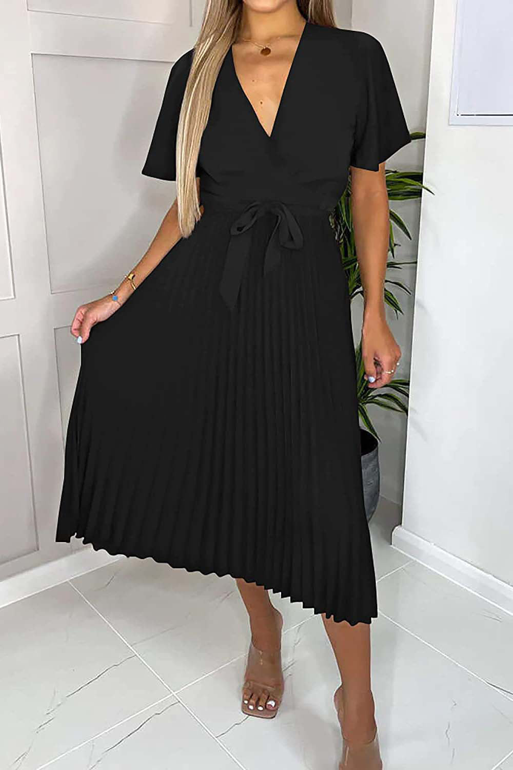 V-Neck Solid Belted Pleated Skirt A Midi Dress-AL9380