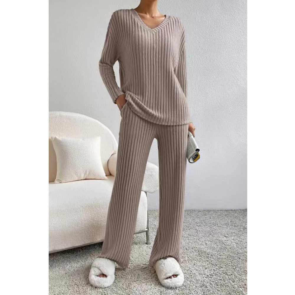 V For City Women's Fall/Winter Ribbed Knit Loungewear Set Loose V-Neck Top & Straight-Leg Pants Pajama Set