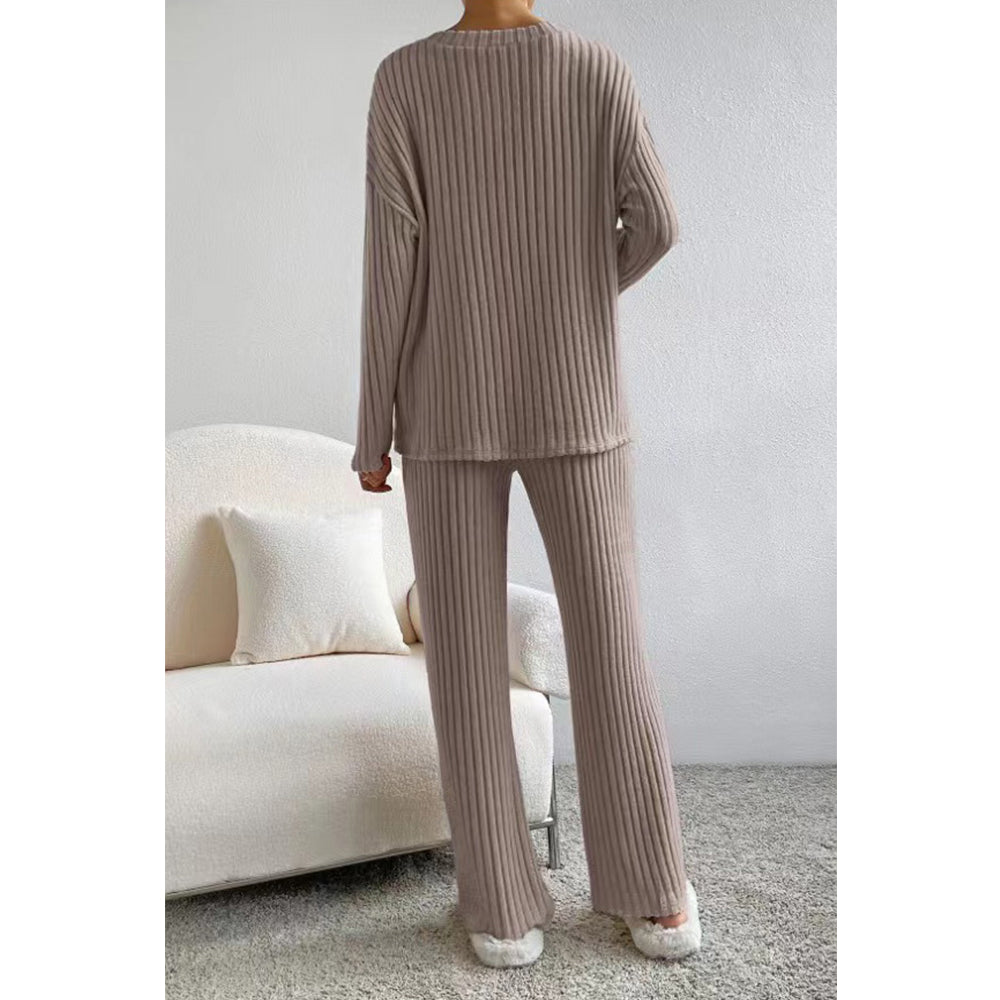 V For City Women's Fall/Winter Ribbed Knit Loungewear Set Loose V-Neck Top & Straight-Leg Pants Pajama Set