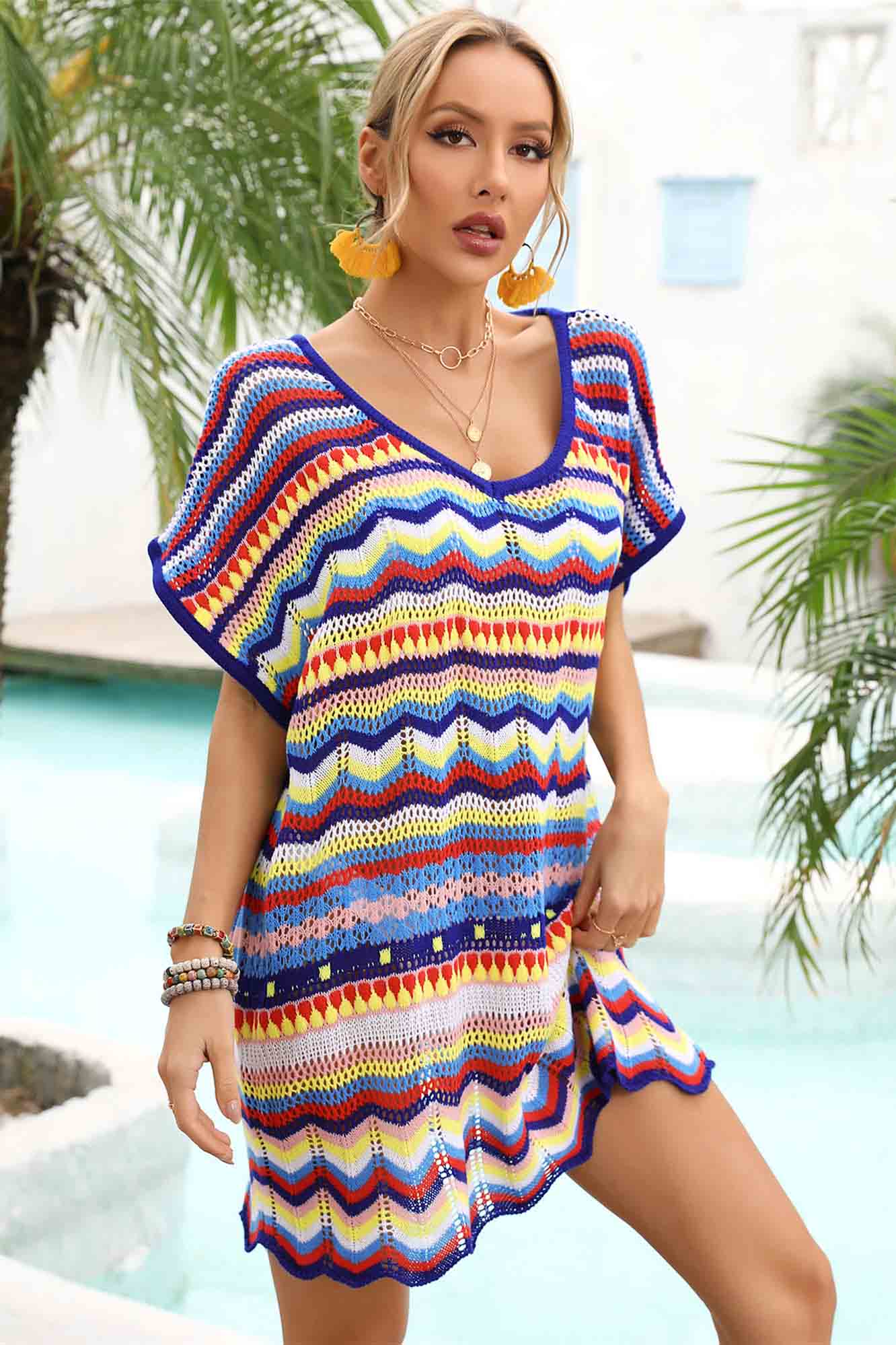 V Neck Wave-Hem Colorblock Crochet Cover-Up-AL9451