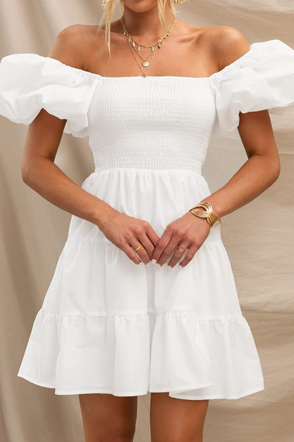 Square Neck Short Puff Sleeve Tiered Mini Dress-AL9392