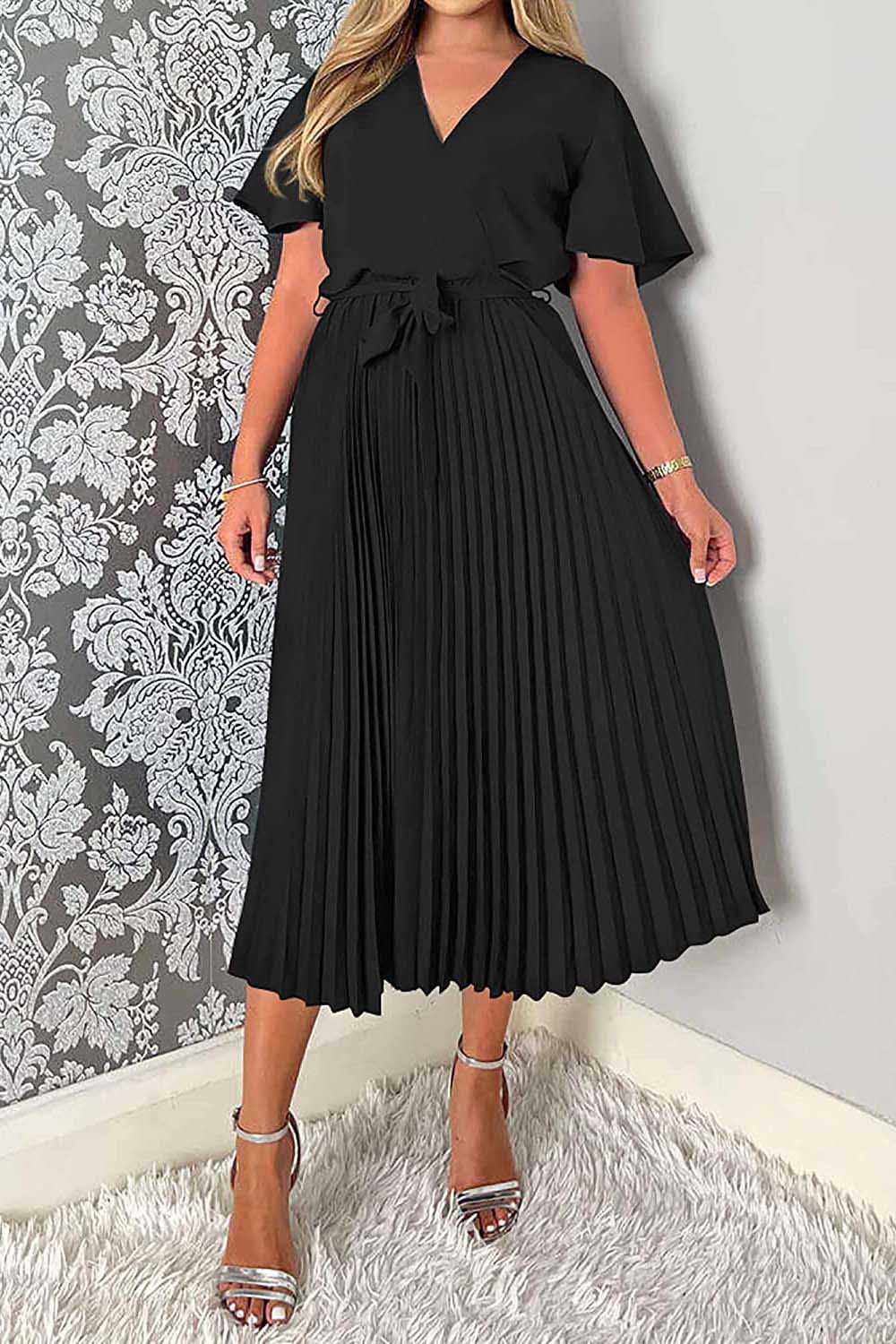 V-Neck Solid Belted Pleated Skirt A Midi Dress-AL9380