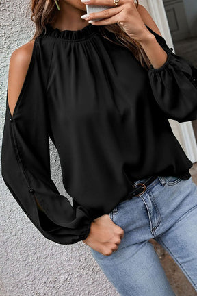 Ruffled Round Neck Long Sleeve Cold Shoulder Top