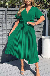 V-Neck Solid Belted Pleated Skirt A Midi Dress-AL9380