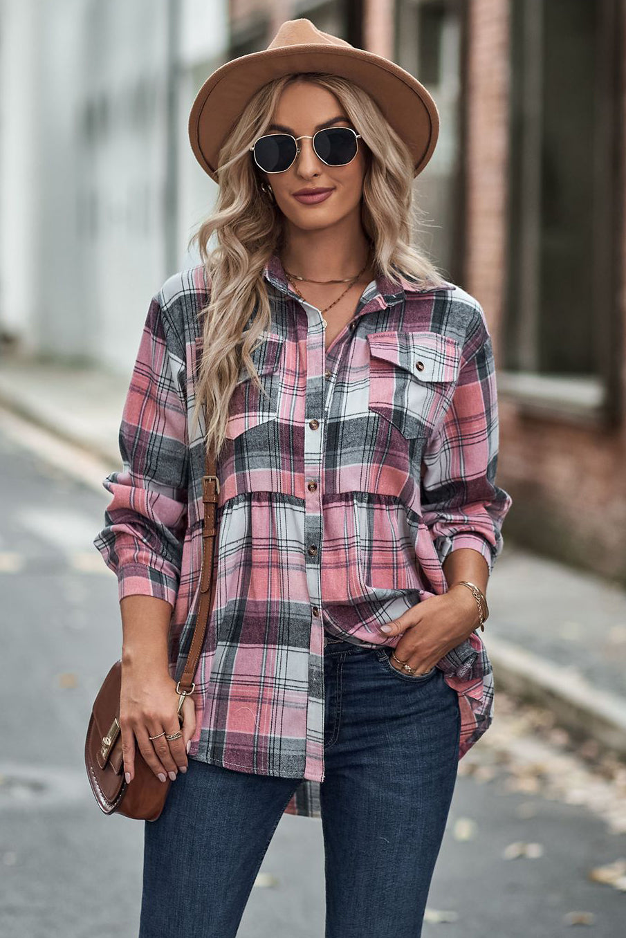 Lapel Long Sleeve Pocket Casual Plaid Shirt-AL9574